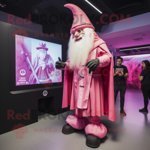 Pink Wizard mascot costume character dressed with a Jacket and Watches