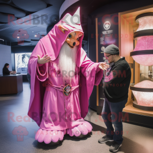 Pink Wizard mascot costume character dressed with a Jacket and Watches