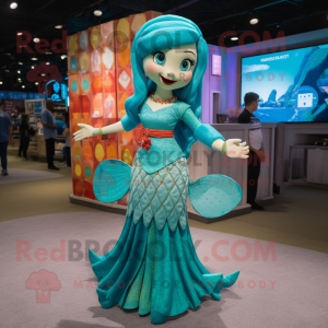 Turquoise Mermaid mascot costume character dressed with a A-Line Skirt and Rings