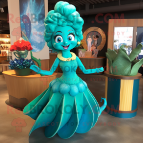 Turquoise Mermaid mascot costume character dressed with a A-Line Skirt and Rings