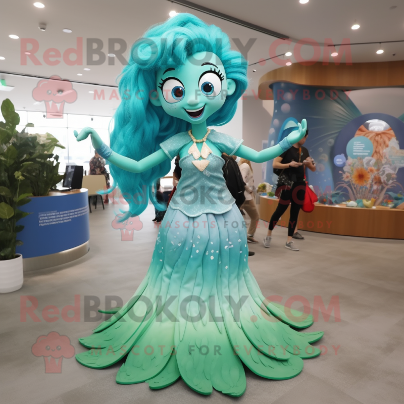Turquoise Mermaid mascot costume character dressed with a A-Line Skirt and Rings Turquoise Mermaid mascot costume character dressed with a A-Line Skirt and Rings