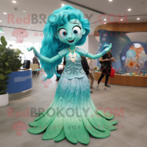 Turquoise Mermaid mascot costume character dressed with a A-Line Skirt and Rings