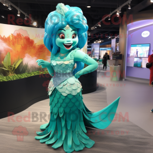 Turquoise Mermaid mascot costume character dressed with a A-Line Skirt and Rings