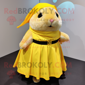 Yellow Guinea Pig mascot costume character dressed with a Circle Skirt and Scarves