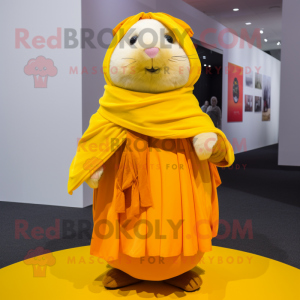 Yellow Guinea Pig mascot costume character dressed with a Circle Skirt and Scarves