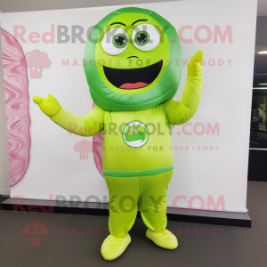 Lime Green Donut mascot costume character dressed with a Dungarees and Wraps