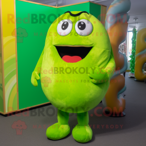 Lime Green Donut mascot costume character dressed with a Dungarees and Wraps