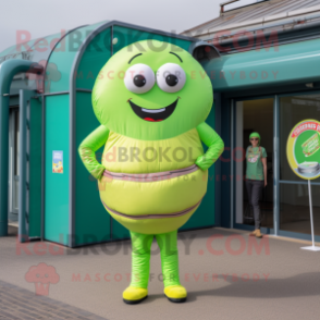 Lime Green Donut mascot costume character dressed with a Dungarees and Wraps