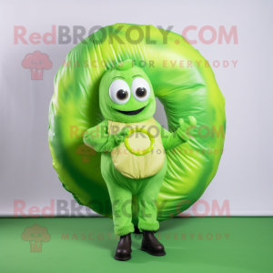 Lime Green Donut mascot costume character dressed with a Dungarees and Wraps