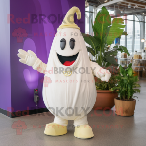 Cream Eggplant mascot costume character dressed with a Flare Jeans and Gloves
