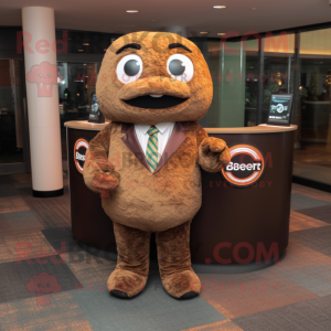 Brown Bagels mascot costume character dressed with a Suit and Keychains