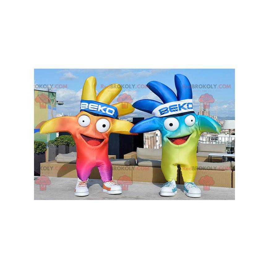 2 mascottes van zeer kleurrijke reuzenhanden - Redbrokoly.com
