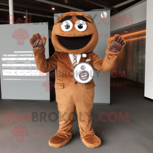 Brown Bagels mascot costume character dressed with a Suit and Keychains