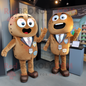 Brown Bagels mascot costume character dressed with a Suit and Keychains