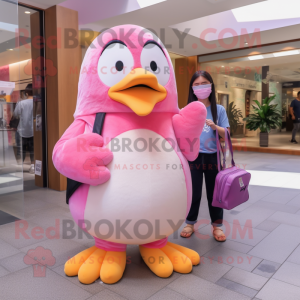 Pink Penguin mascot costume character dressed with a Skinny Jeans and Clutch bags
