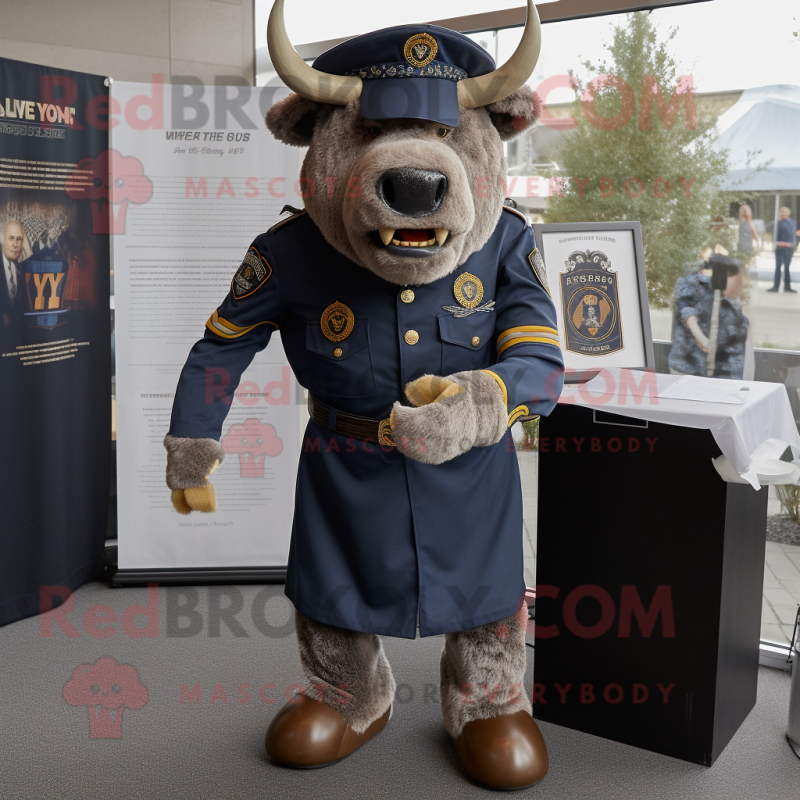 Navy Bison mascot costume character dressed with a Henley Tee and Lapel pins Navy Bison mascot costume character dressed with a Henley Tee and Lapel pins