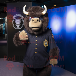 Navy Bison mascot costume character dressed with a Henley Tee and Lapel pins