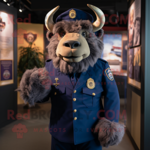 Navy Bison mascot costume character dressed with a Henley Tee and Lapel pins