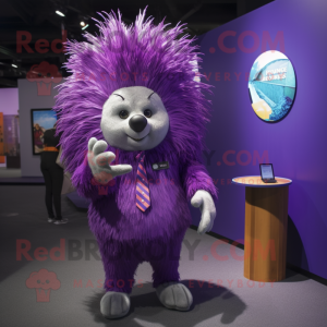 Purple Porcupine mascot costume character dressed with a Suit Pants and Watches