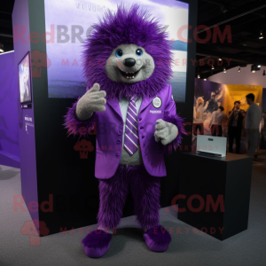 Purple Porcupine mascot costume character dressed with a Suit Pants and Watches