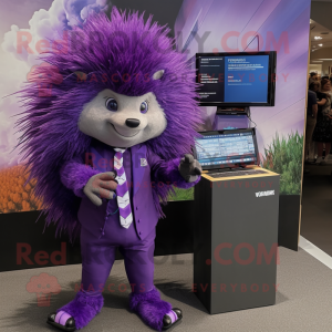 Purple Porcupine mascot costume character dressed with a Suit Pants and Watches