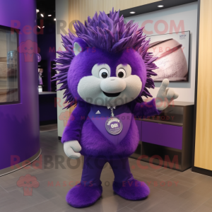 Purple Porcupine mascot costume character dressed with a Suit Pants and Watches