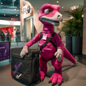 Magenta Velociraptor mascot costume character dressed with a T-Shirt and Messenger bags