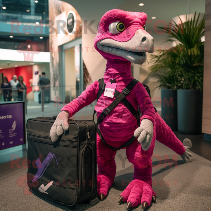 Magenta Velociraptor mascot costume character dressed with a T-Shirt and Messenger bags Magenta Velociraptor mascot costume character dressed with a T-Shirt and Messenger bags