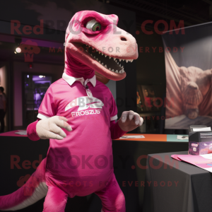 Magenta Velociraptor mascot costume character dressed with a T-Shirt and Messenger bags