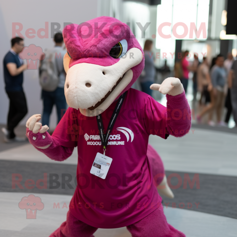 Magenta Velociraptor mascot costume character dressed with a T-Shirt and Messenger bags Magenta Velociraptor mascot costume character dressed with a T-Shirt and Messenger bags