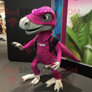 Magenta Velociraptor mascot costume character dressed with a T-Shirt and Messenger bags