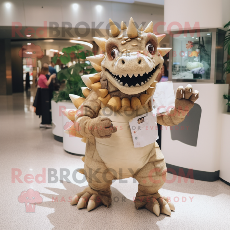 Tan Stegosaurus mascot costume character dressed with a Trousers and Coin purses Tan Stegosaurus mascot costume character dressed with a Trousers and Coin purses