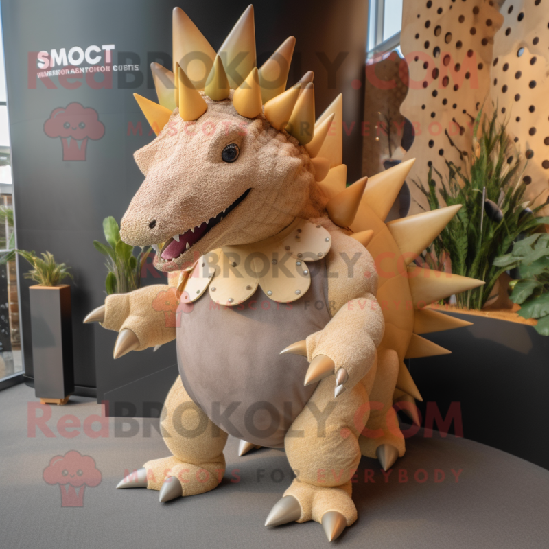 Tan Stegosaurus mascot costume character dressed with a Trousers and Coin purses Tan Stegosaurus mascot costume character dressed with a Trousers and Coin purses