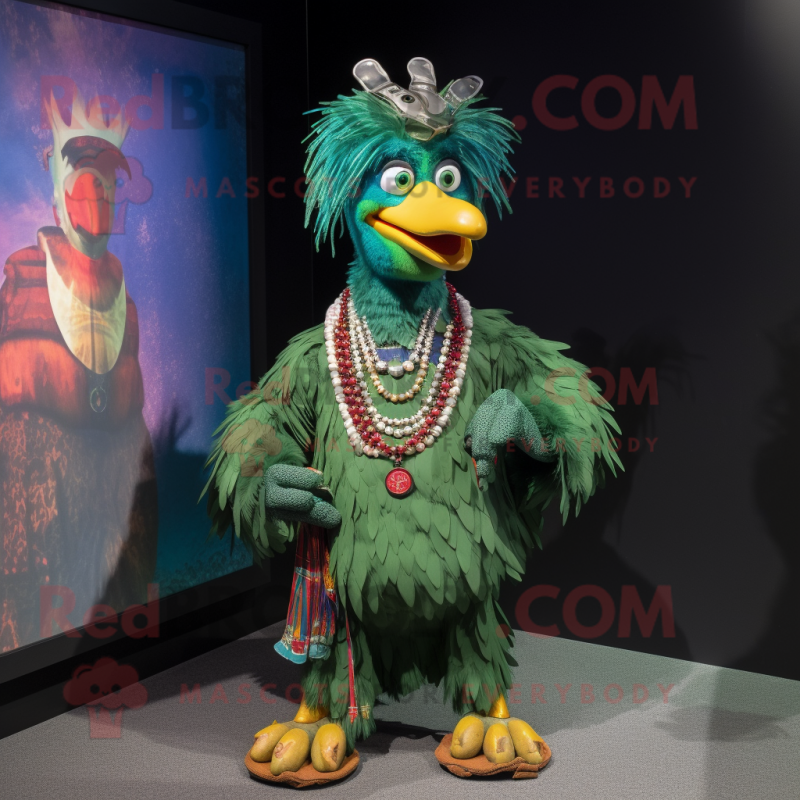 Green Roosters mascot costume character dressed with a Graphic Tee and Necklaces