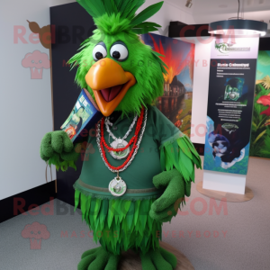 Green Roosters mascot costume character dressed with a Graphic Tee and Necklaces