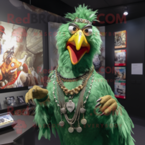 Green Roosters mascot costume character dressed with a Graphic Tee and Necklaces