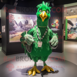 Green Roosters mascot costume character dressed with a Graphic Tee and Necklaces