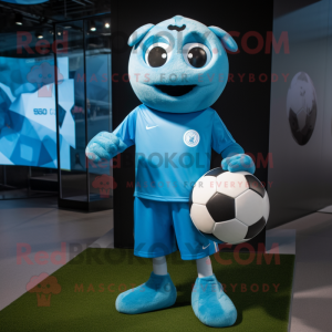 Cyan Soccer Ball mascot costume character dressed with a Sweatshirt and Cufflinks