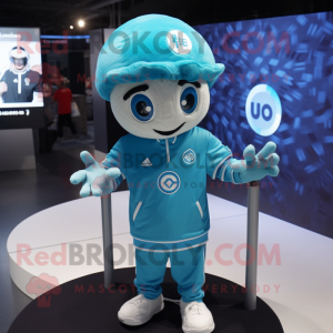 Cyan Soccer Ball mascot costume character dressed with a Sweatshirt and Cufflinks