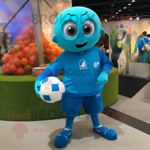 Cyan Soccer Ball mascot costume character dressed with a Sweatshirt and Cufflinks