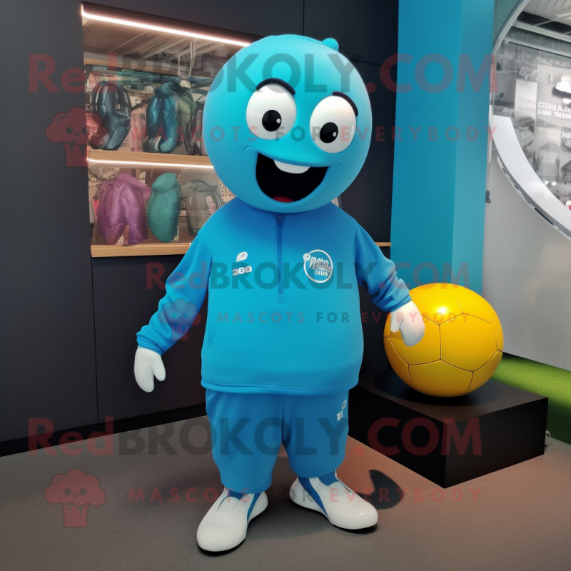 Cyan Soccer Ball mascot costume character dressed with a Sweatshirt and Cufflinks