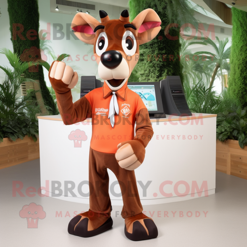 Peach Okapi mascot costume character dressed with a Jumpsuit and Cufflinks Peach Okapi mascot costume character dressed with a Jumpsuit and Cufflinks