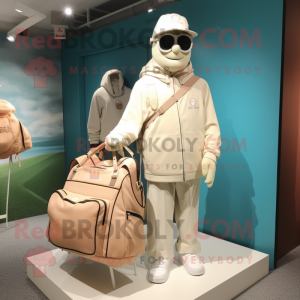 Cream Golf Bag mascot costume character dressed with a Windbreaker and Tote bags