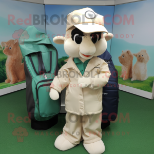 Cream Golf Bag mascot costume character dressed with a Windbreaker and Tote bags