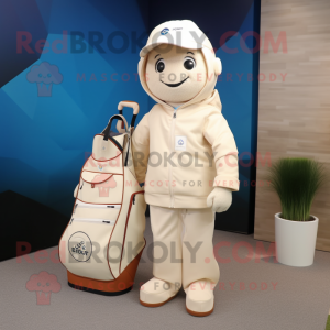 Cream Golf Bag mascot costume character dressed with a Windbreaker and Tote bags