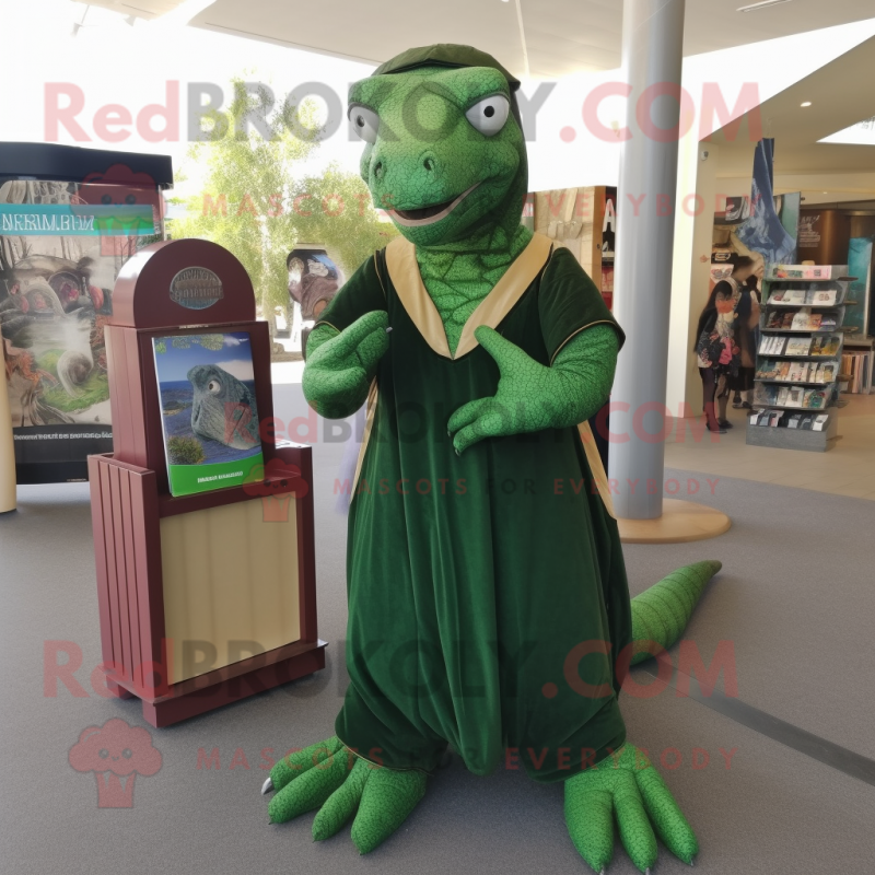 Forest Green Komodo Dragon mascot costume character dressed with a Maxi Dress and Wallets