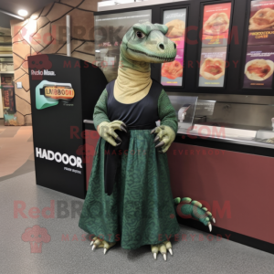 Forest Green Komodo Dragon mascot costume character dressed with a Maxi Dress and Wallets