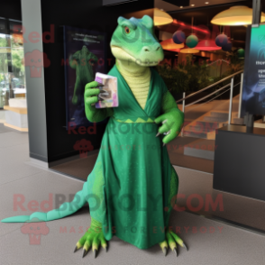 Forest Green Komodo Dragon mascot costume character dressed with a Maxi Dress and Wallets