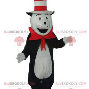 Mascotte de chat noir et blanc avec un chapeau rigolo -