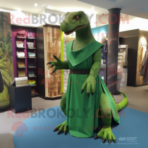 Forest Green Komodo Dragon mascot costume character dressed with a Maxi Dress and Wallets